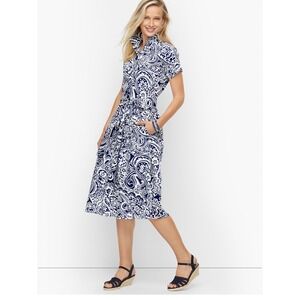 Talbots Navy White Paisley Print Belted Shirt Dress Size 10 Cotton